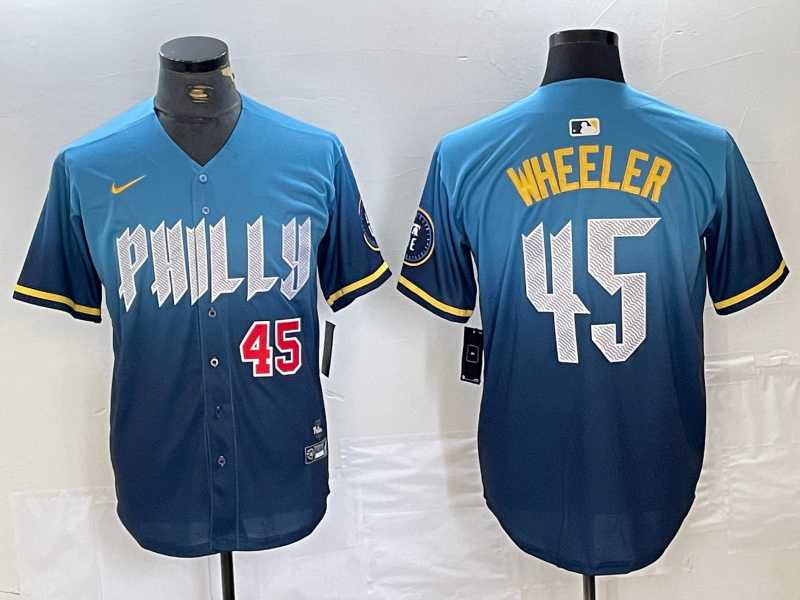 Men's Philadelphia Phillies #45 Zack Wheeler Blue 2024 City Player Number Cool Base Stitched Jerseys,We sell and wholesale Men's Philadelphia Phillies #45 Zack Wheeler Blue 2024 City Player Number Cool Base Stitched Jerseys on line form chian!
